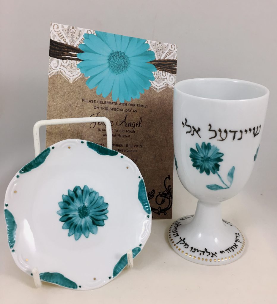 hand painted personalized porcelain Kiddush Cup Set Bat Mitzvah