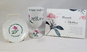 Hand painted, personalized Wedding Kiddush Cup Set in porcelain, designed to match invitation